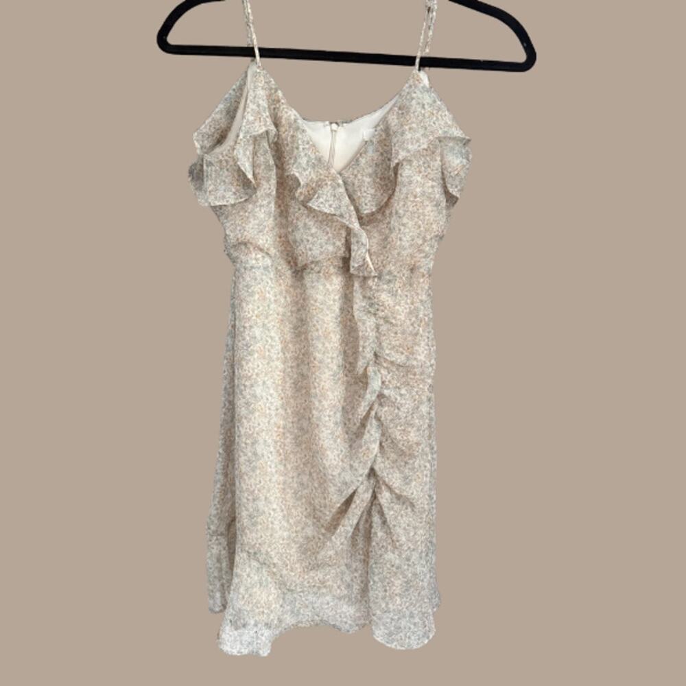 Lush Pastel Floral Ruffle Mini Dress Small Ruched Front Wrap Look Boho